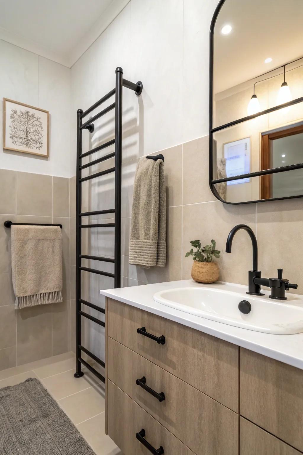 Dark metal fixtures provide a modern contrast in this bathroom.