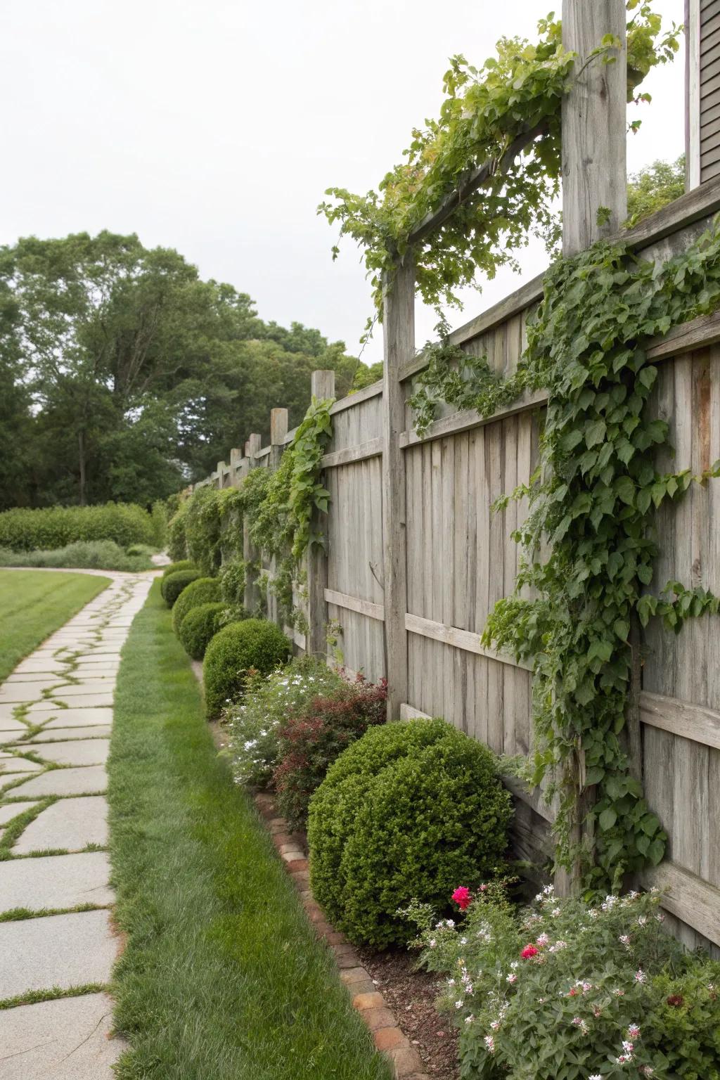 A fluid assimilation of fence and landscaping creates a unified and natural tapestry.