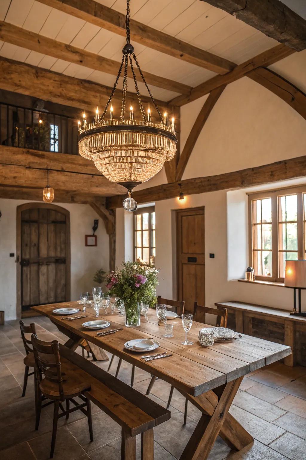 Farmhouse chandeliers act as a bold statement in dining spaces.