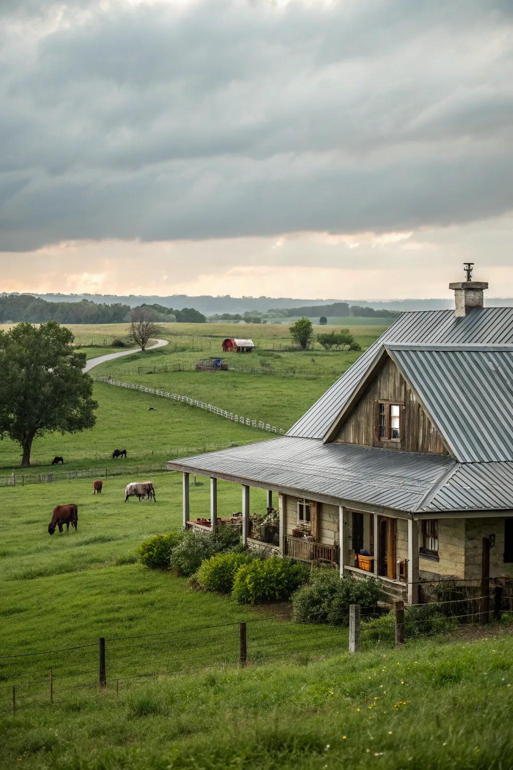 Rustic warmth: A farmhouse showcasing a classic grooved metal roof.
