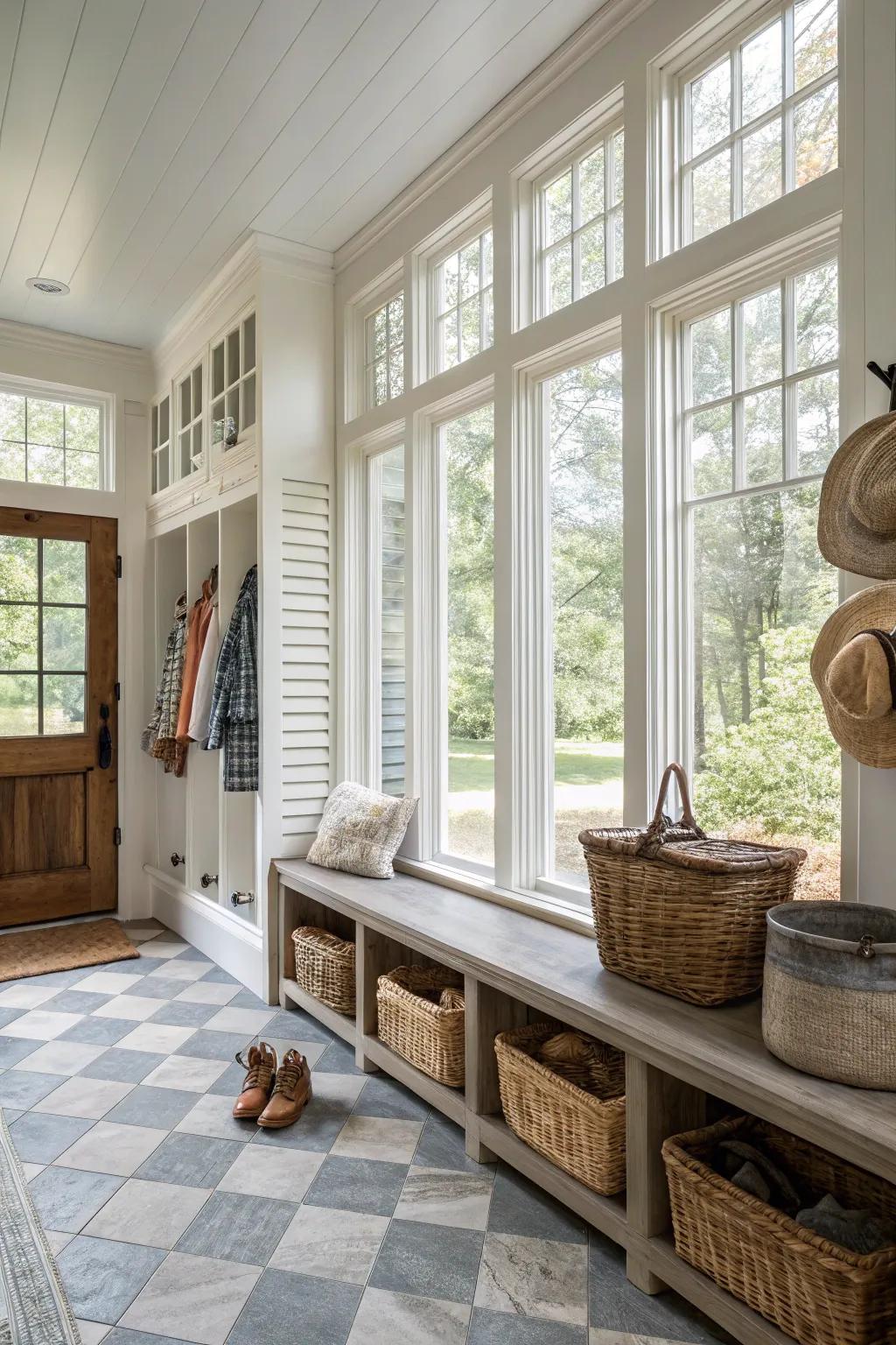 Bright mudroom with ample natural lighting.