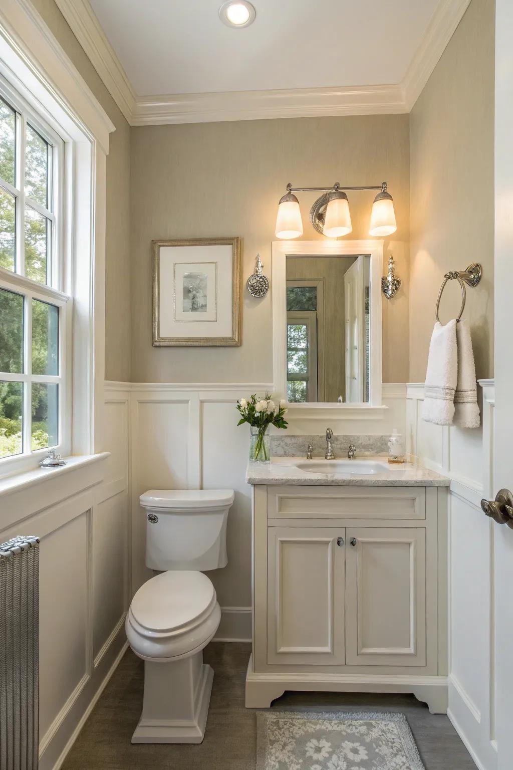 A powder room with a calming color scheme and natural lighting.