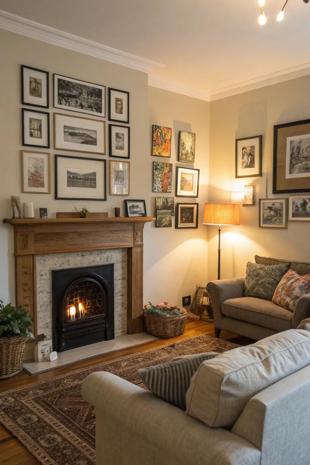 A gallery wall infuses individuality and flair into your fireplace.