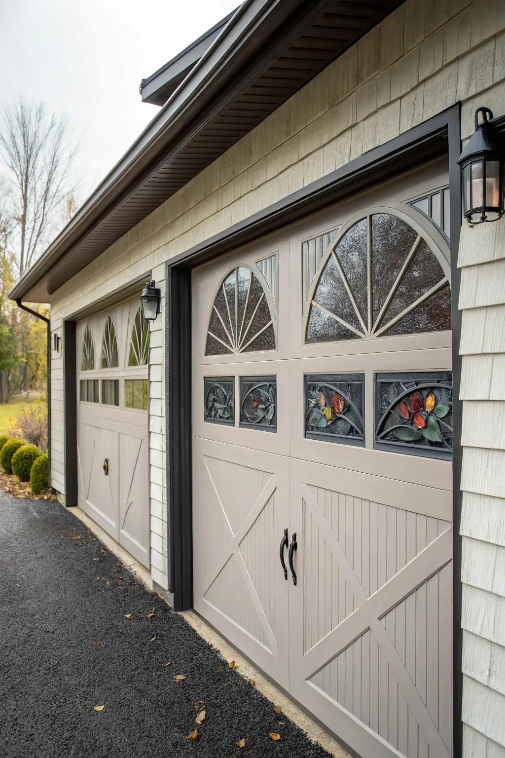 Unique window designs add architectural fascination to garage doors.
