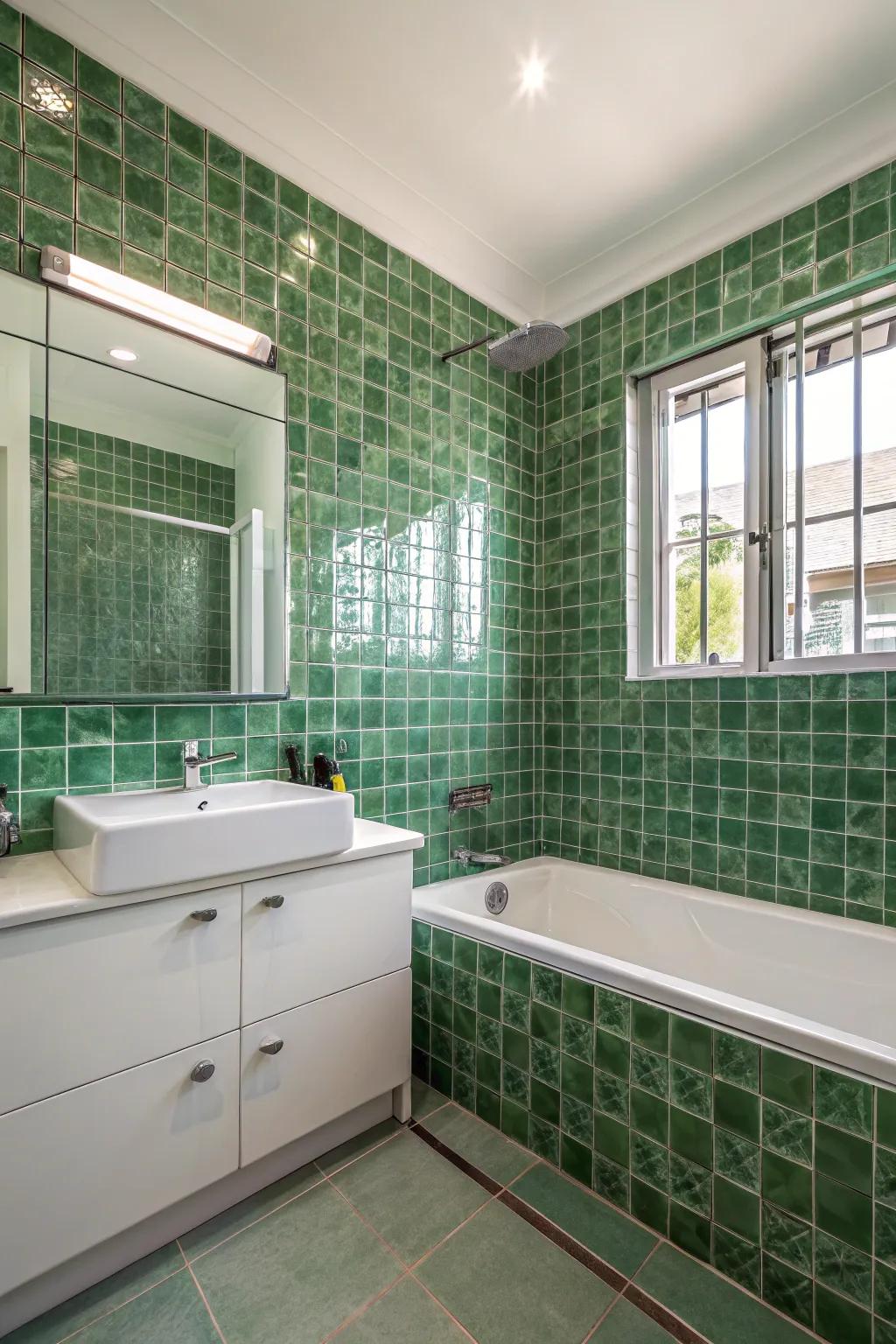 Sleek and radiant with polished green glass tiles.