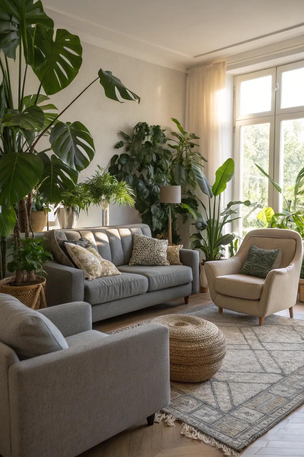 Greenery brings a refreshing touch to the neutral color scheme.