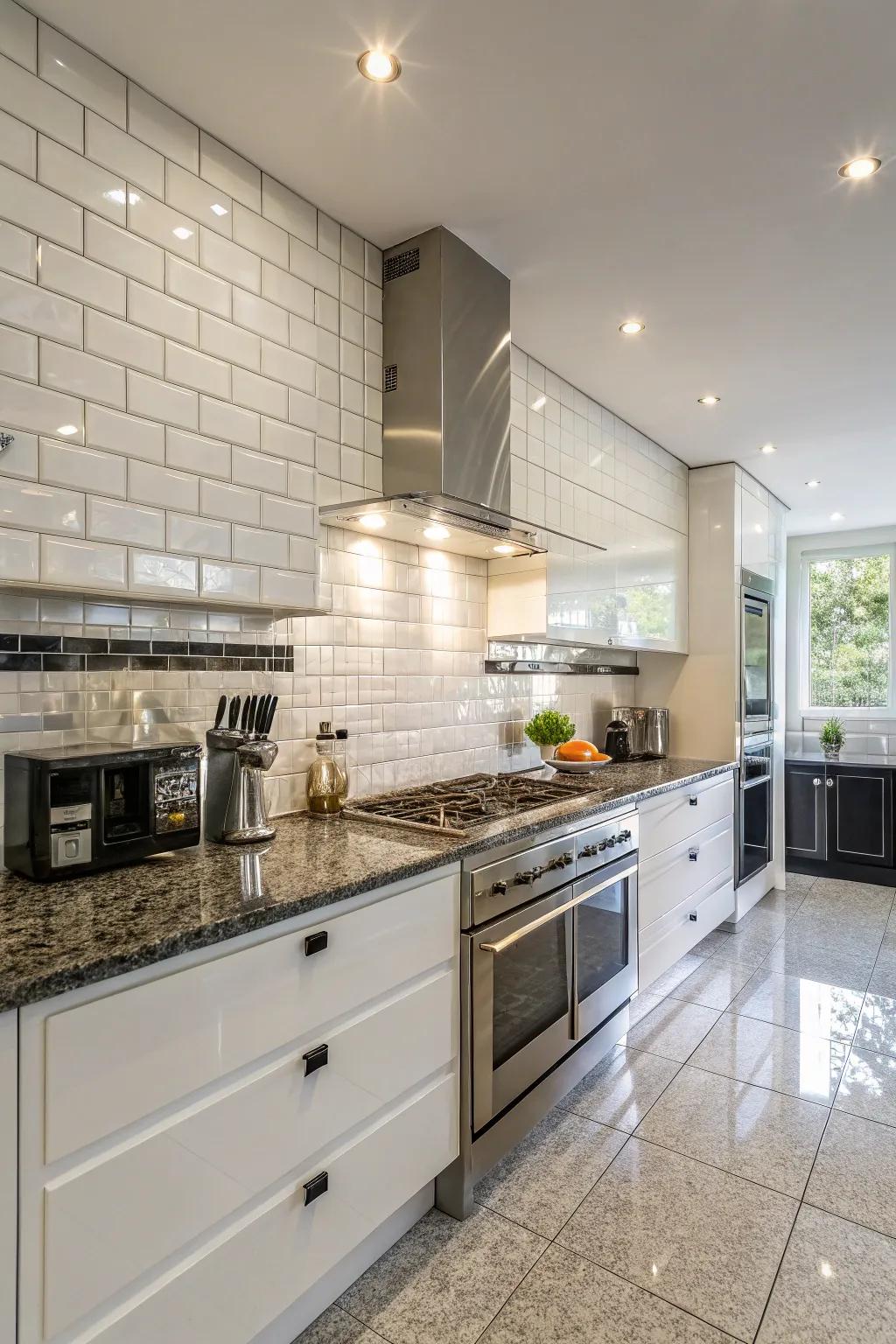 Glossy tiles enhance light and add modern sophistication.