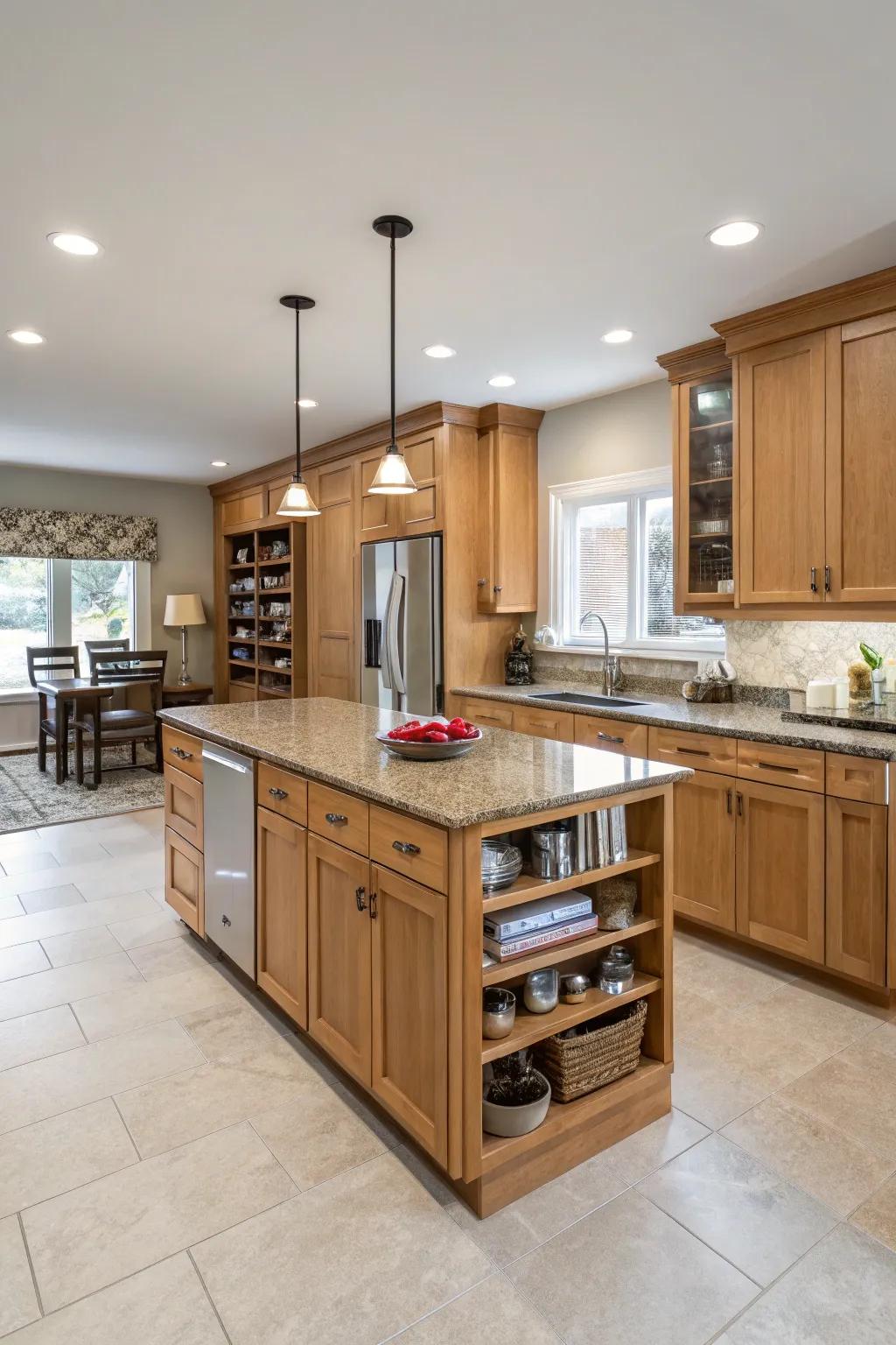 A central island enhances both practicality and aesthetics in modern kitchens featuring oak cabinets.