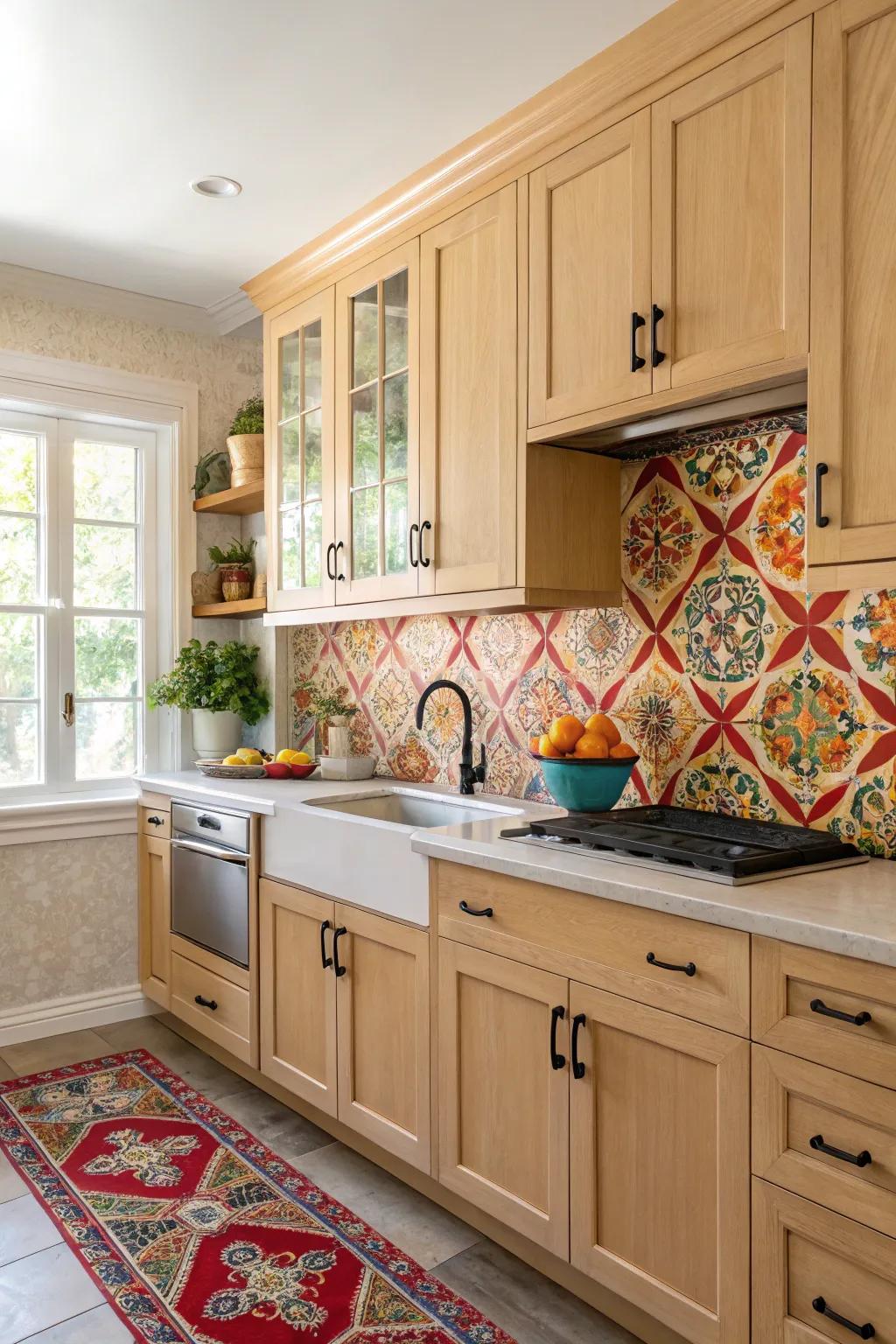 A vibrant wall treatment introduces a splash of color to complement pale walnut cabinets.