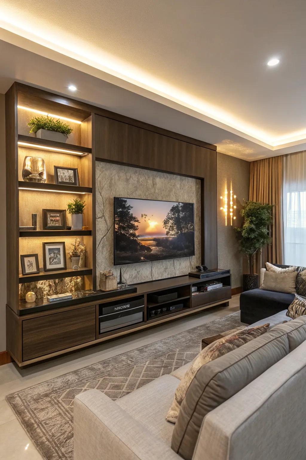 A framed TV adding an artistic flair to a media wall.