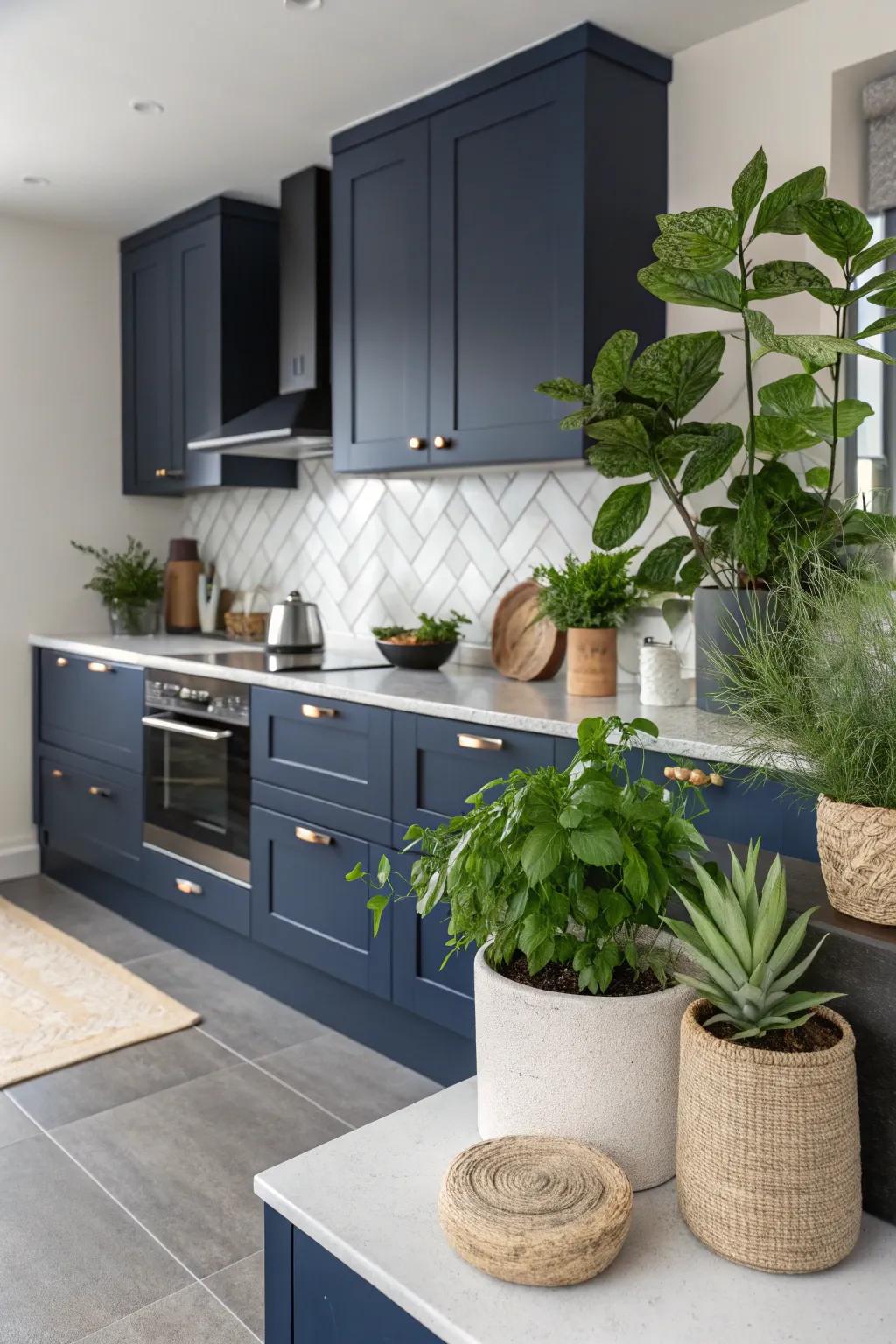Plants add a refreshing contrast to the deep tones of deep sea-inspired cabinets.