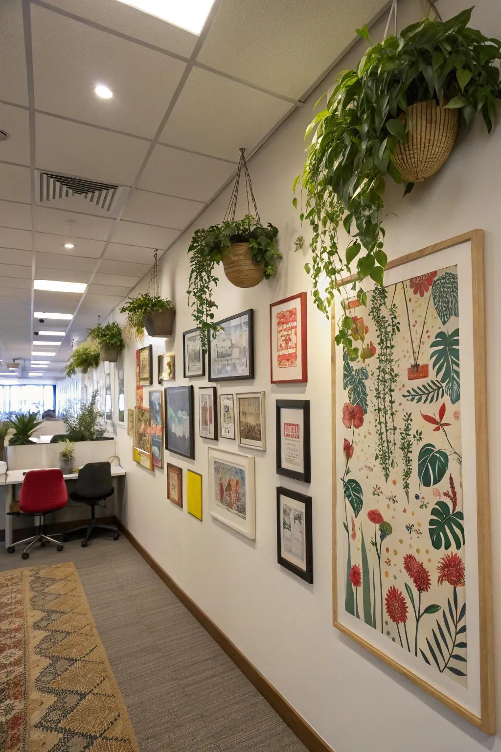 An office wall decorated with art and decorative pieces.