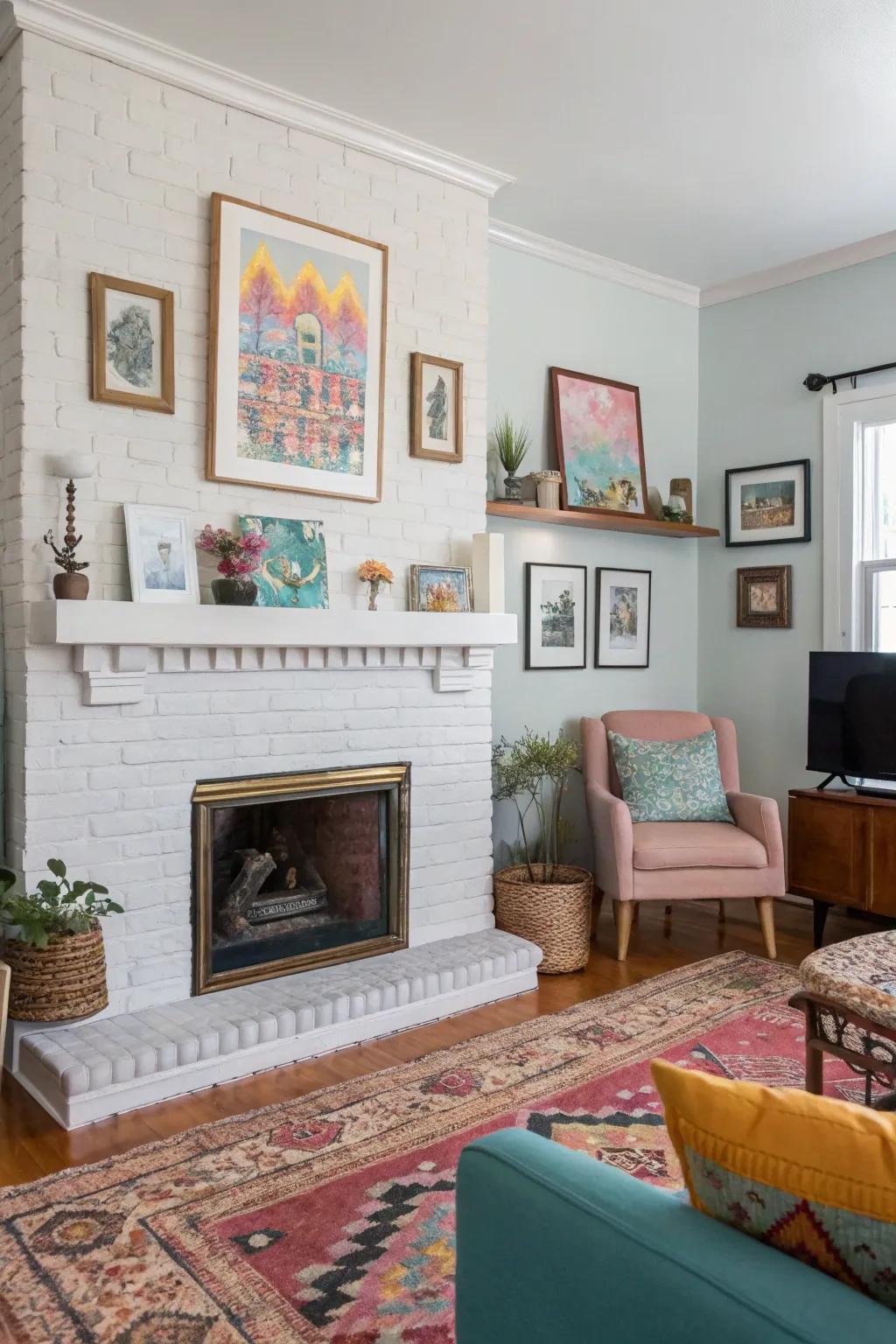 Artwork above a painted brick fireplace adding a personal touch.