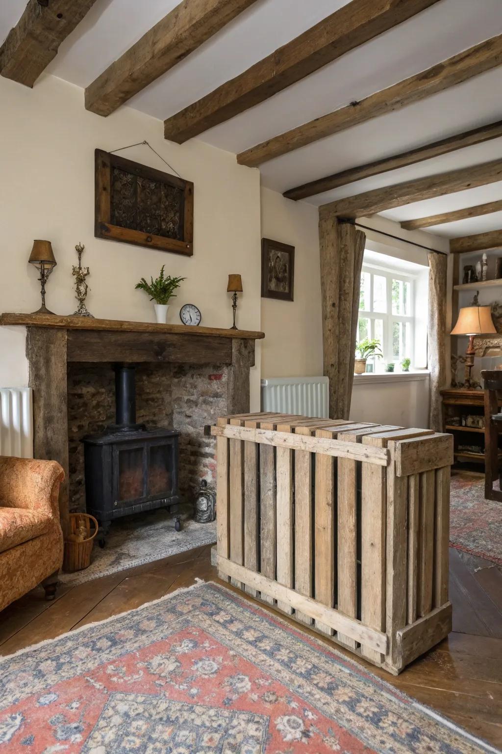 A country-style radiator shield crafted from salvaged wood pallets.