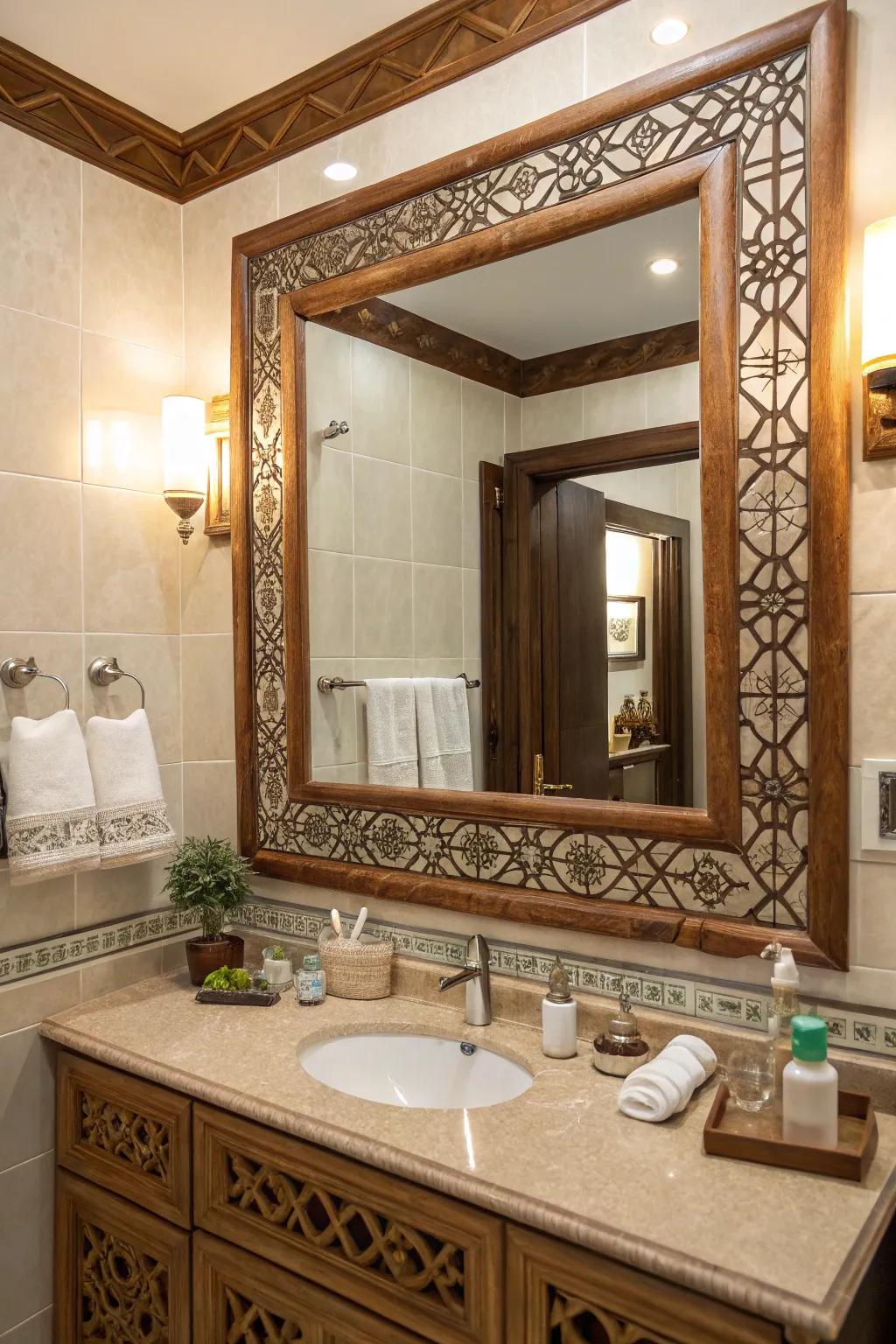 A decorative mirror contributing elegance and mirroring the rustic style beautifully.