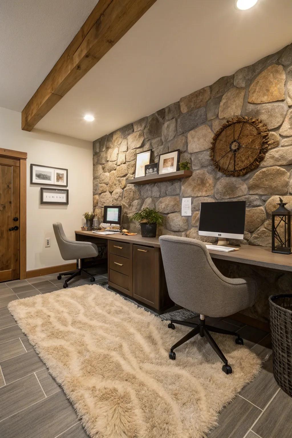 Patterned accents bring dimension and richness to a rustic office design.