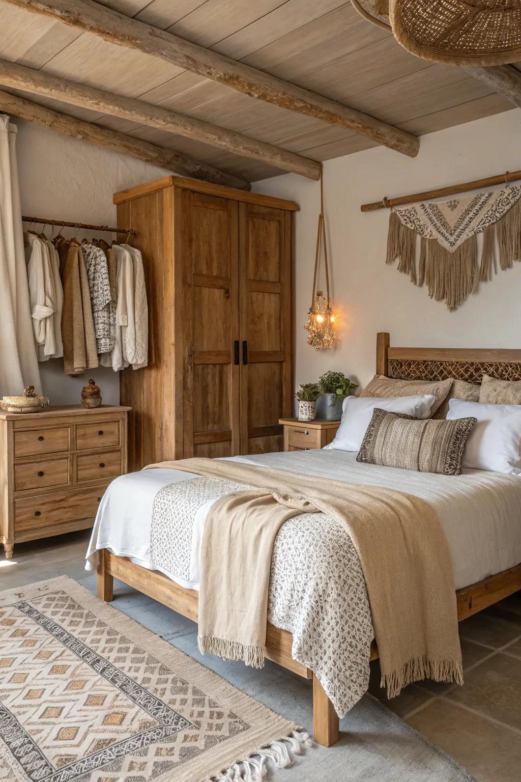Natural materials add texture and warmth to a modern shabby chic bedroom.
