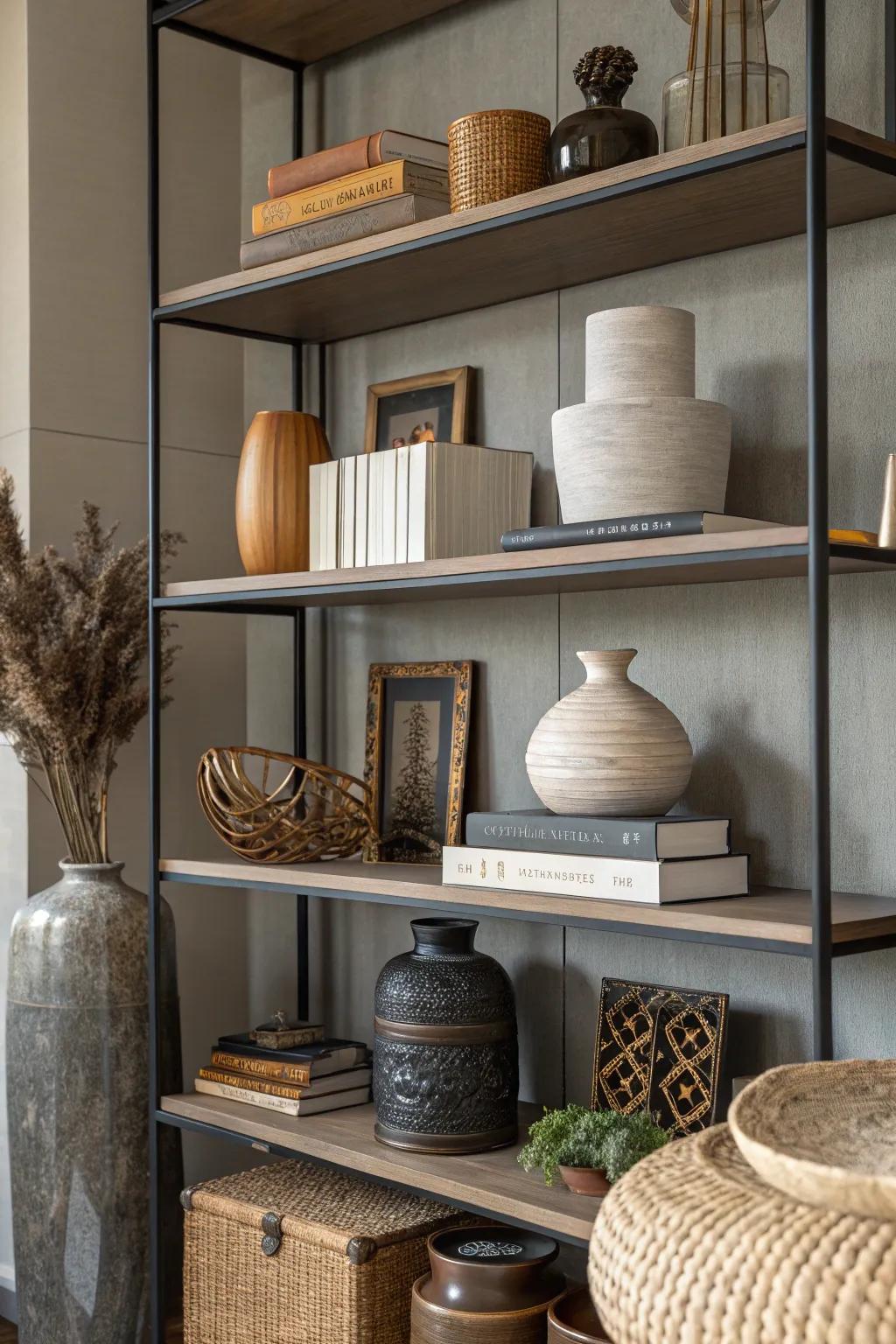 Bring depth to your decor with layered shelf arrangements.