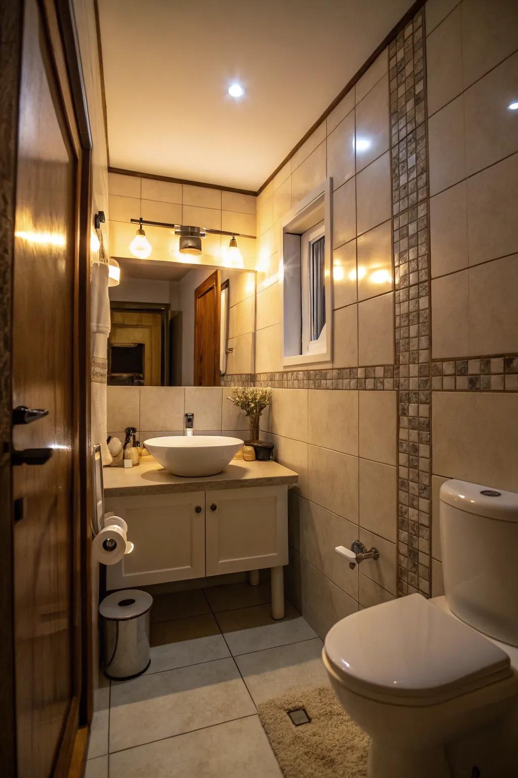 Strategic lighting brightens this small bathroom.