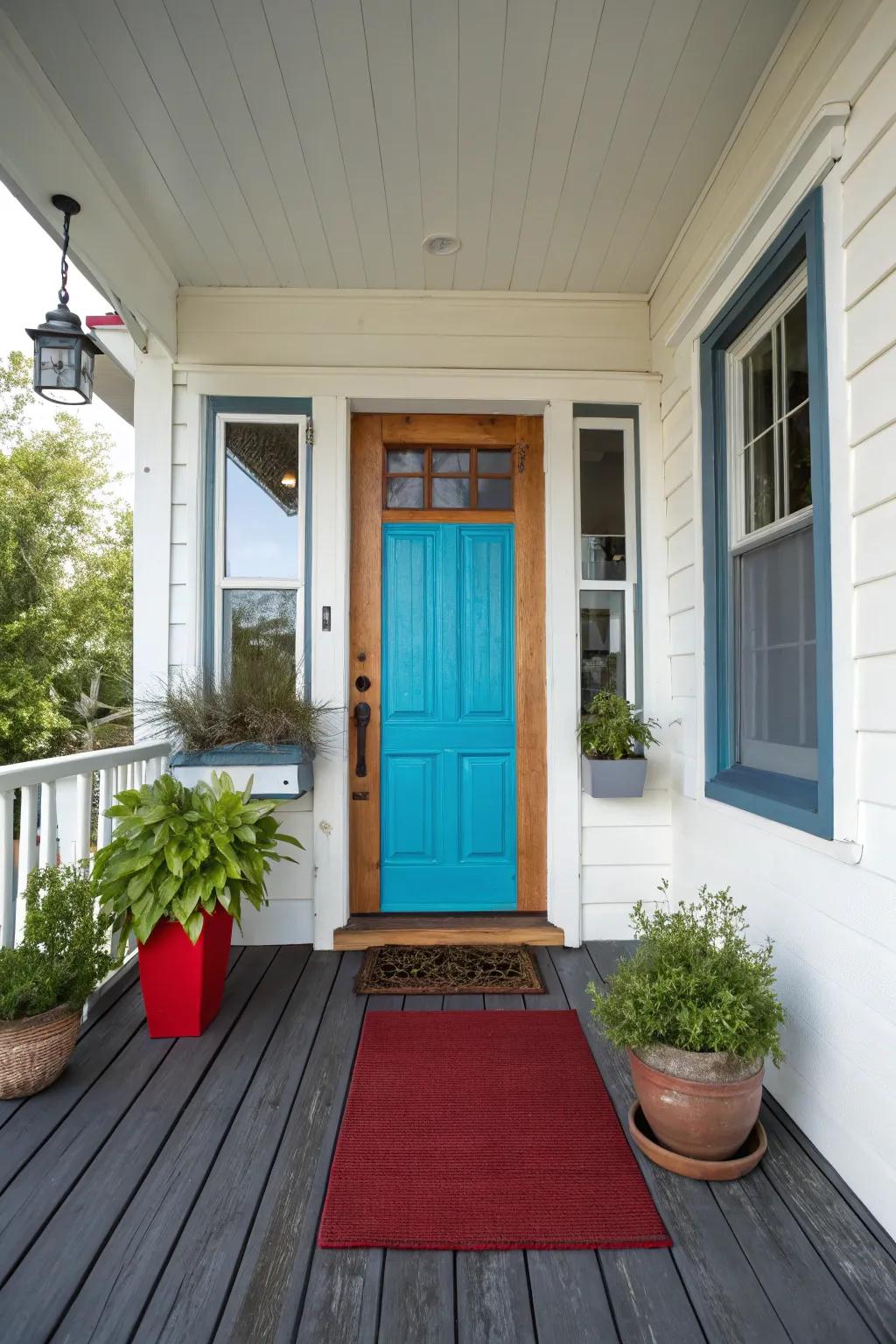 A compact front porch using contrasting shades and resources to enhance its design.