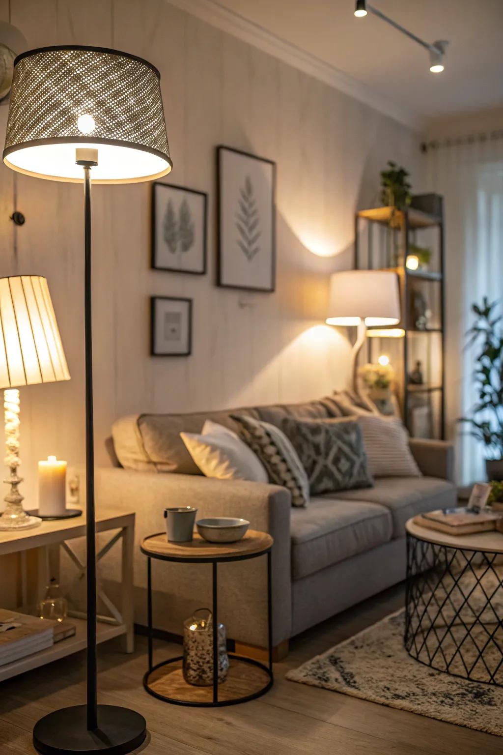 Modern lighting fixtures in a small living room designed to create ambiance.