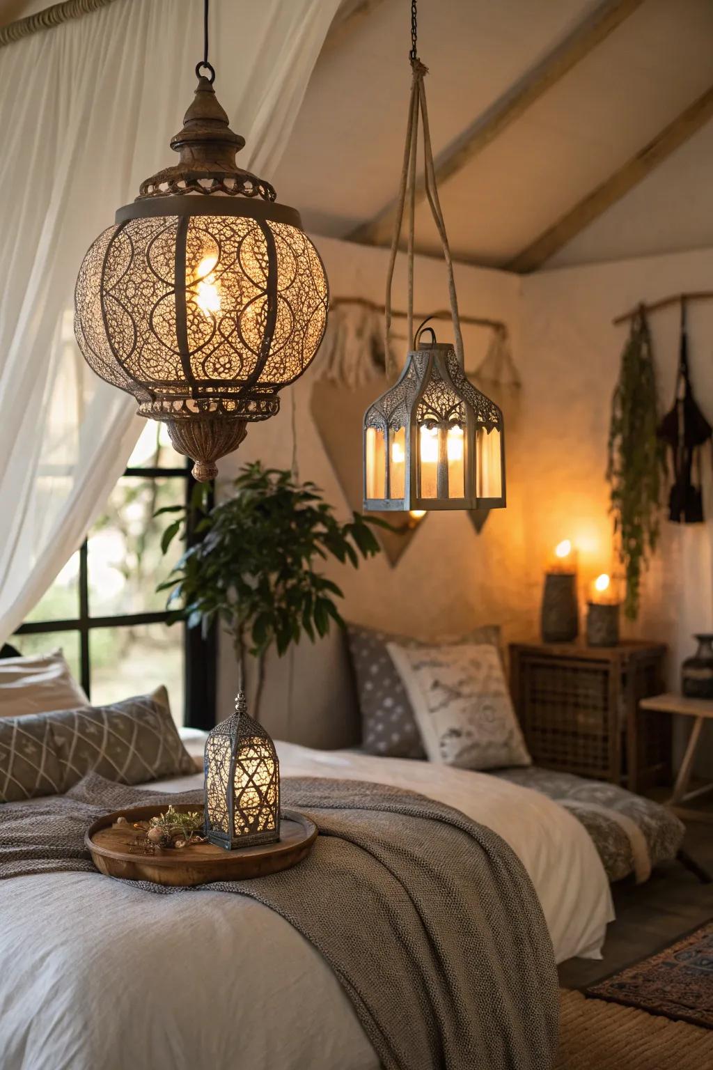 Ornamental lamps cast a mystical and snug glow in a modern Spanish bedroom.