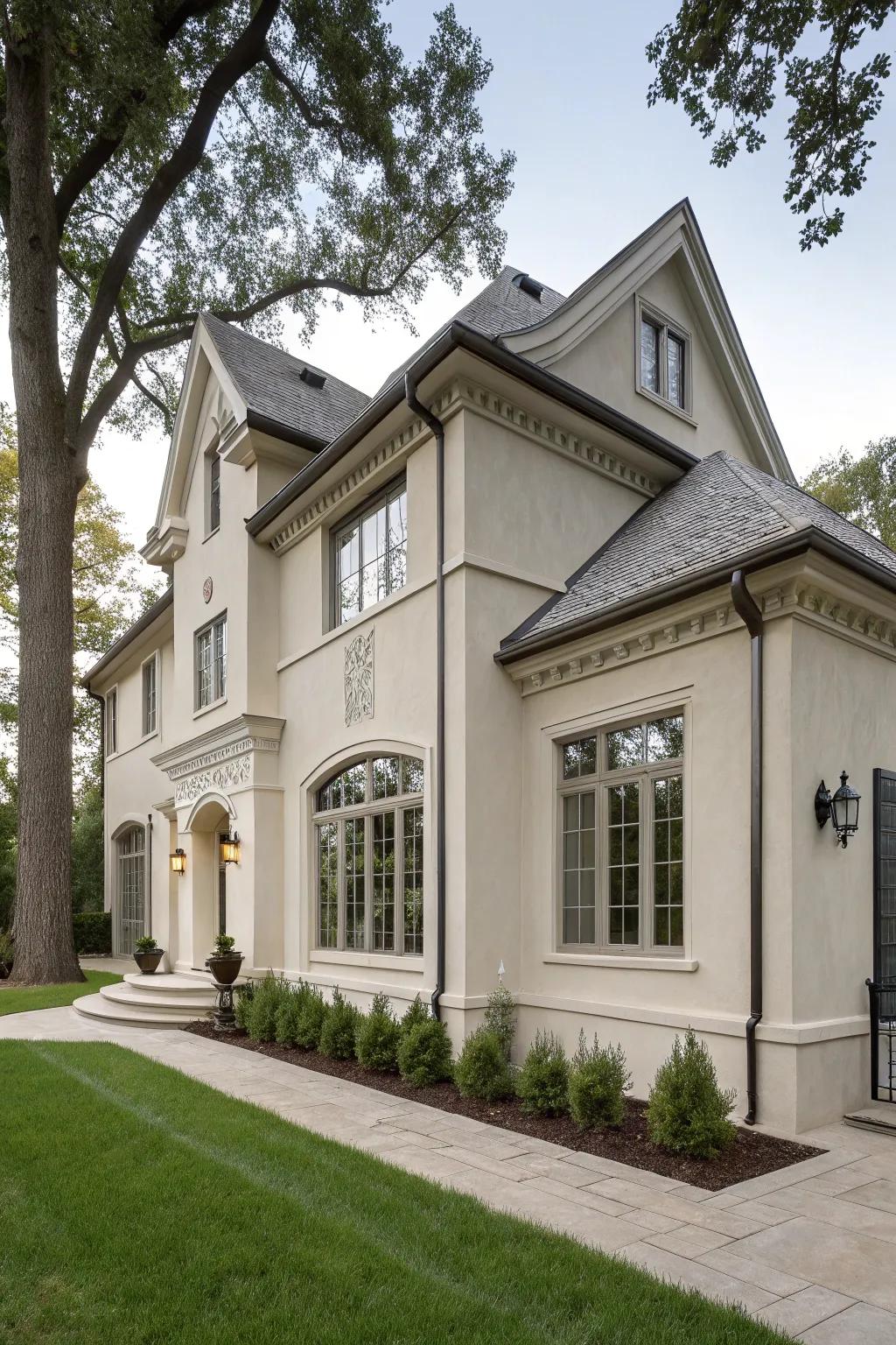 Gray-beige stucco home with harmonious design elements.