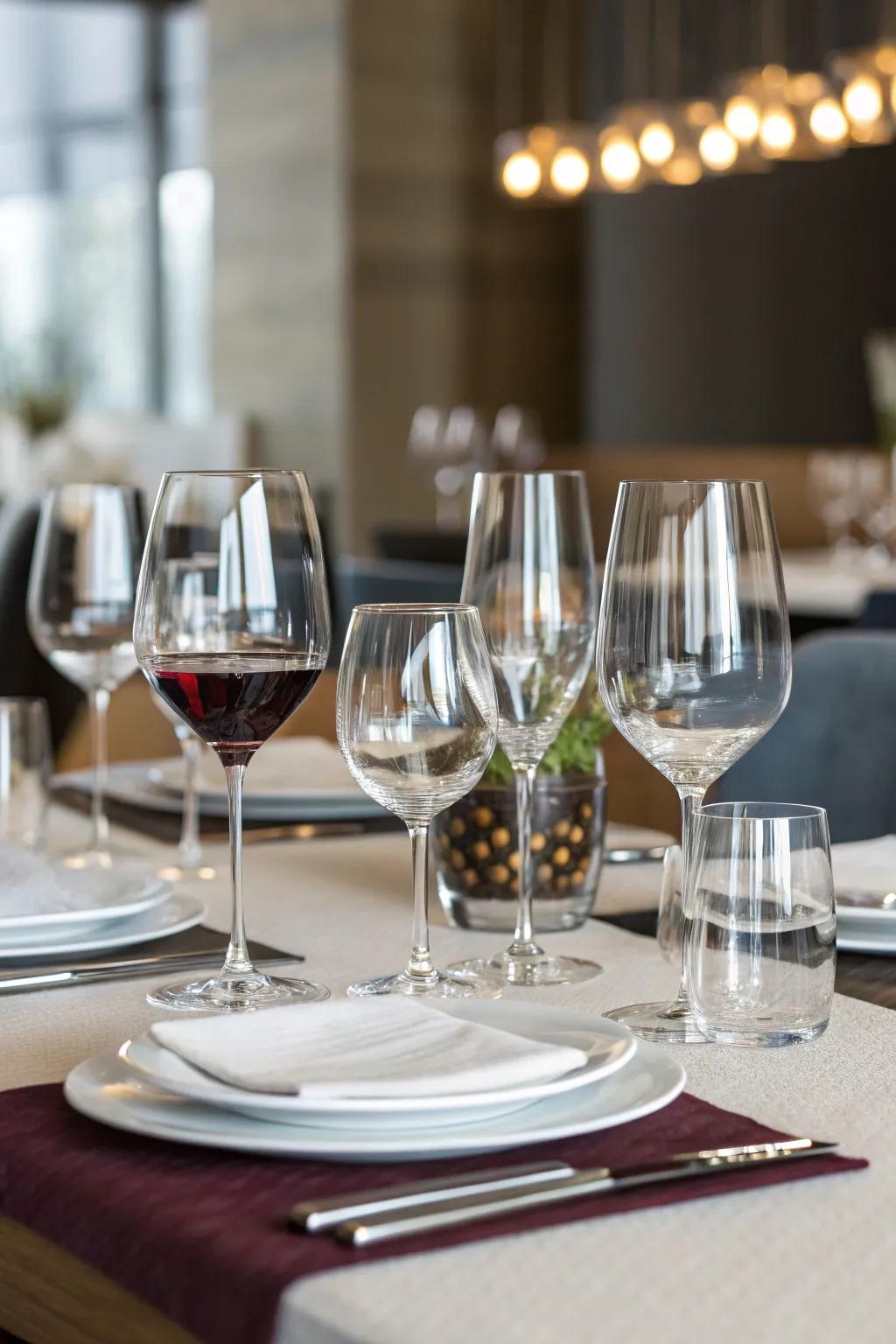 A diverse set of glassware heightens the dining experience.