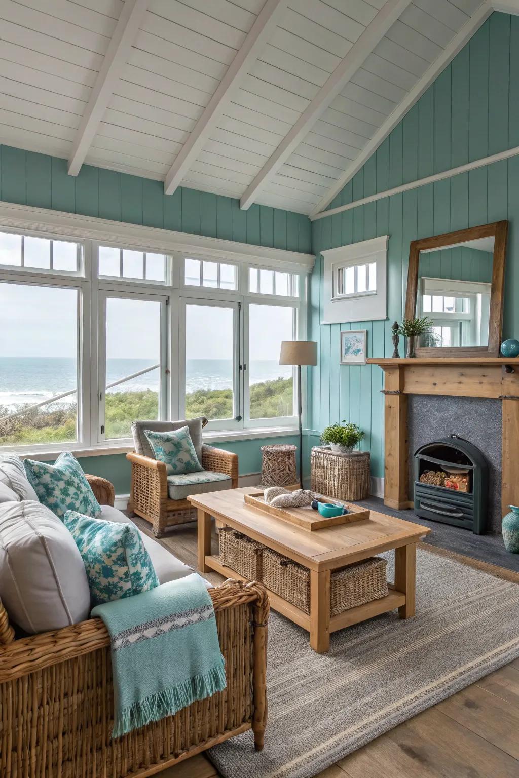 Teal and gray paired with natural elements for a coastal-themed room.