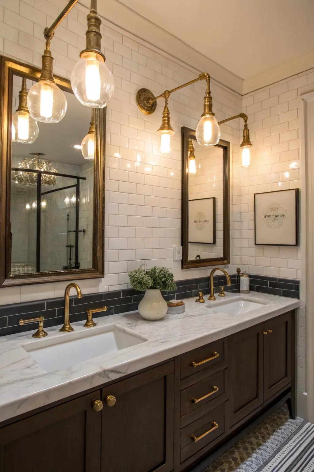 Vintage charm combines with modern design in bathroom lighting.