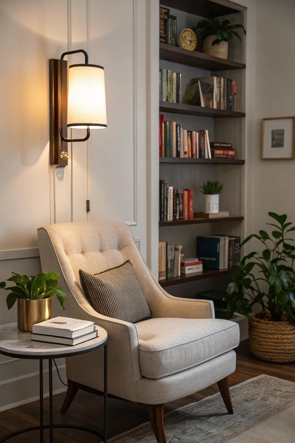 A sleek wall-mounted light adding light and elegance to a reading space.