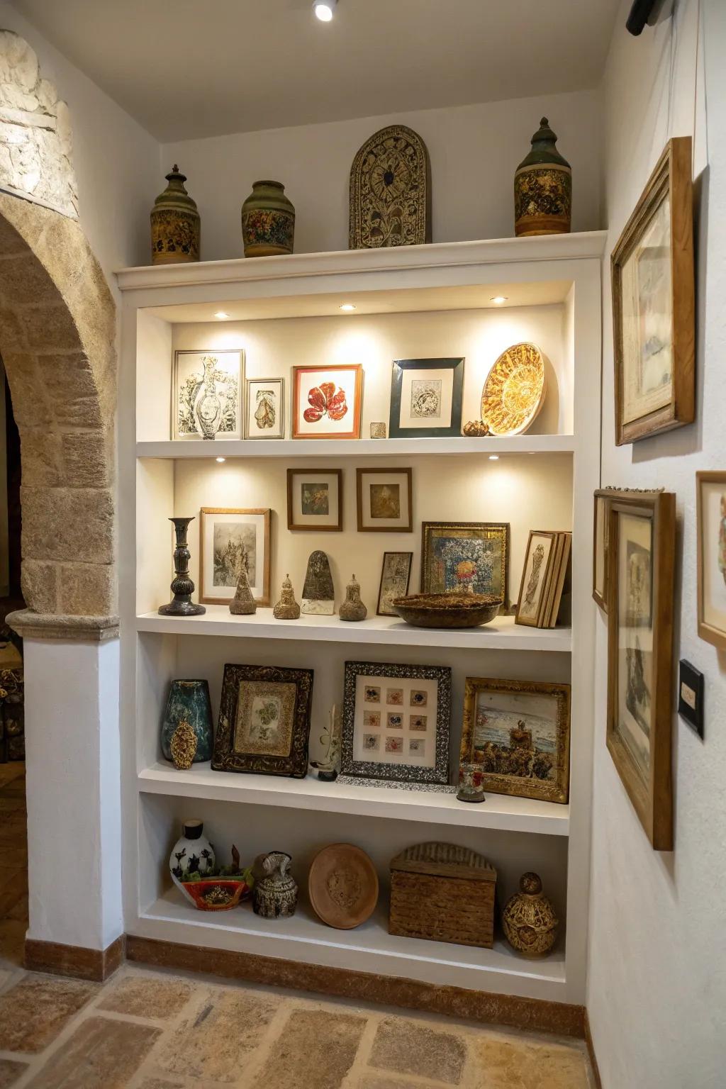 A wall niche turned into a mini gallery with small artworks.