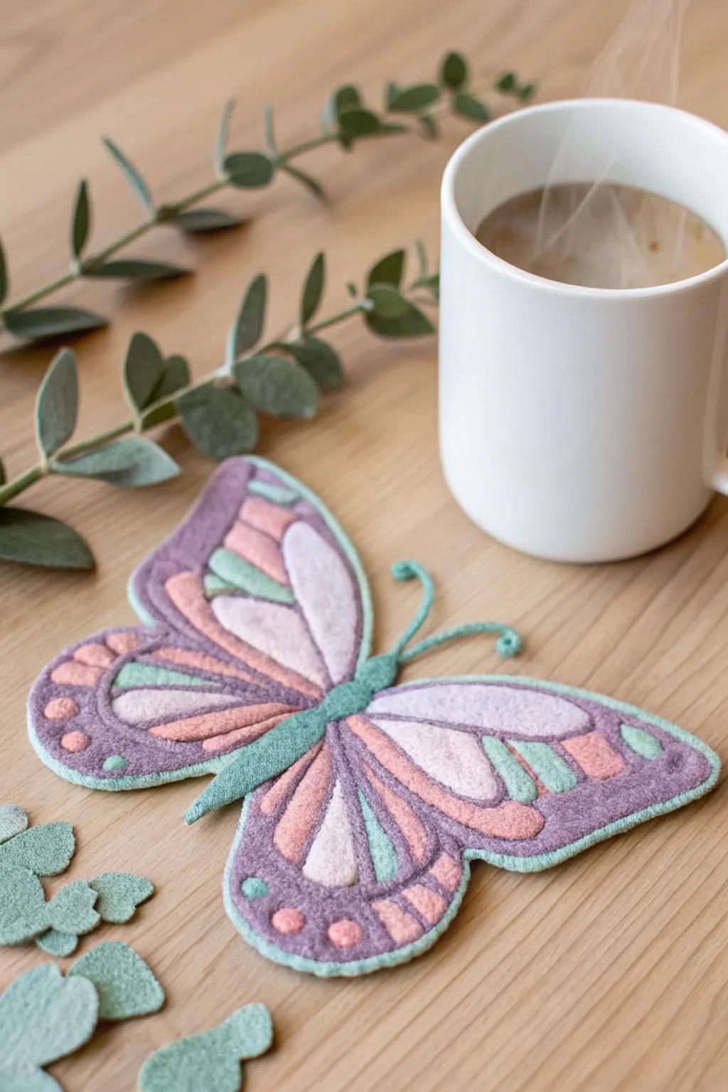 Incorporate a whimsical element to your coffee stand with these captivating butterfly felt coasters. Ideal for a cozy, minimalist ambiance!