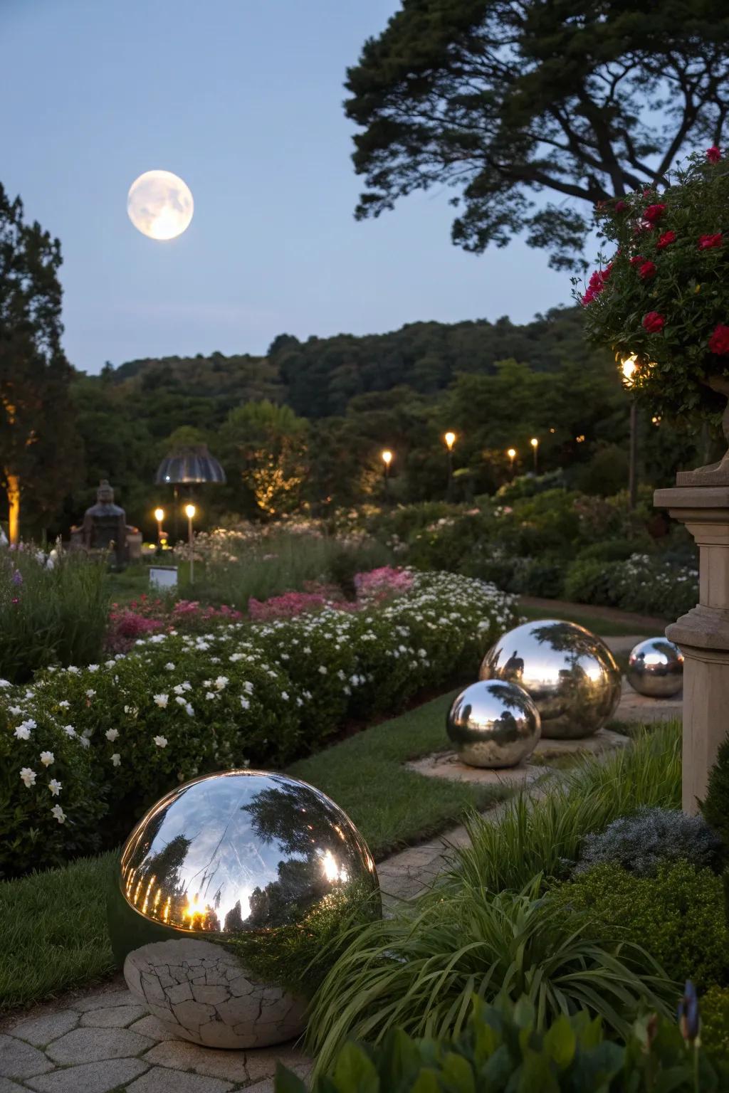 Reflective ornaments bring whimsy and surprise.