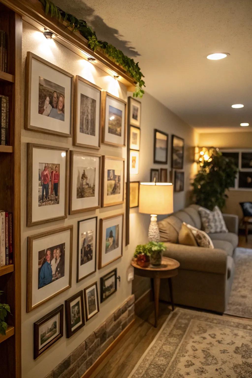 A photo wall display incorporating a personal element to the decor.