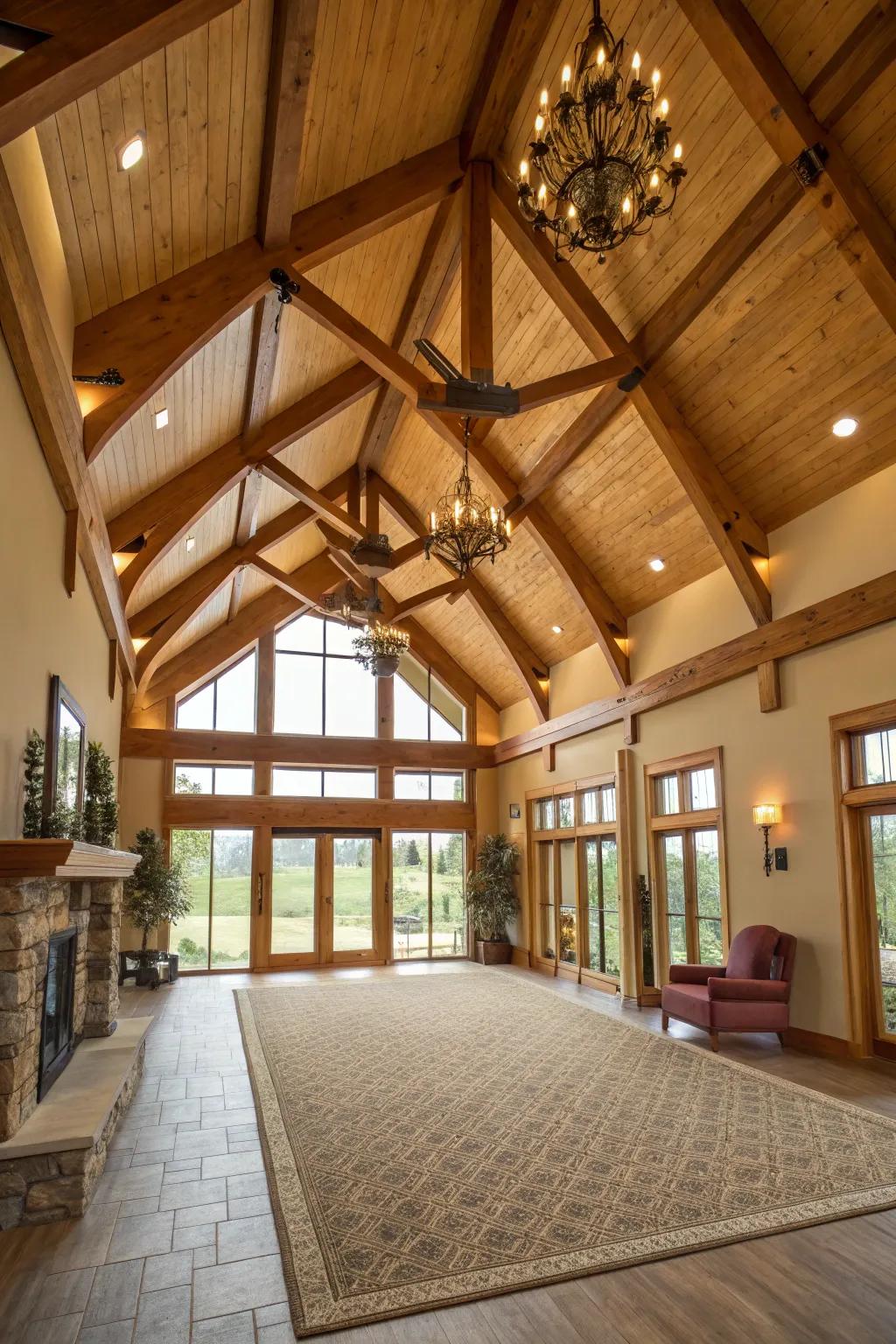 A spacious interior featuring high ceilings and exposed rafters.