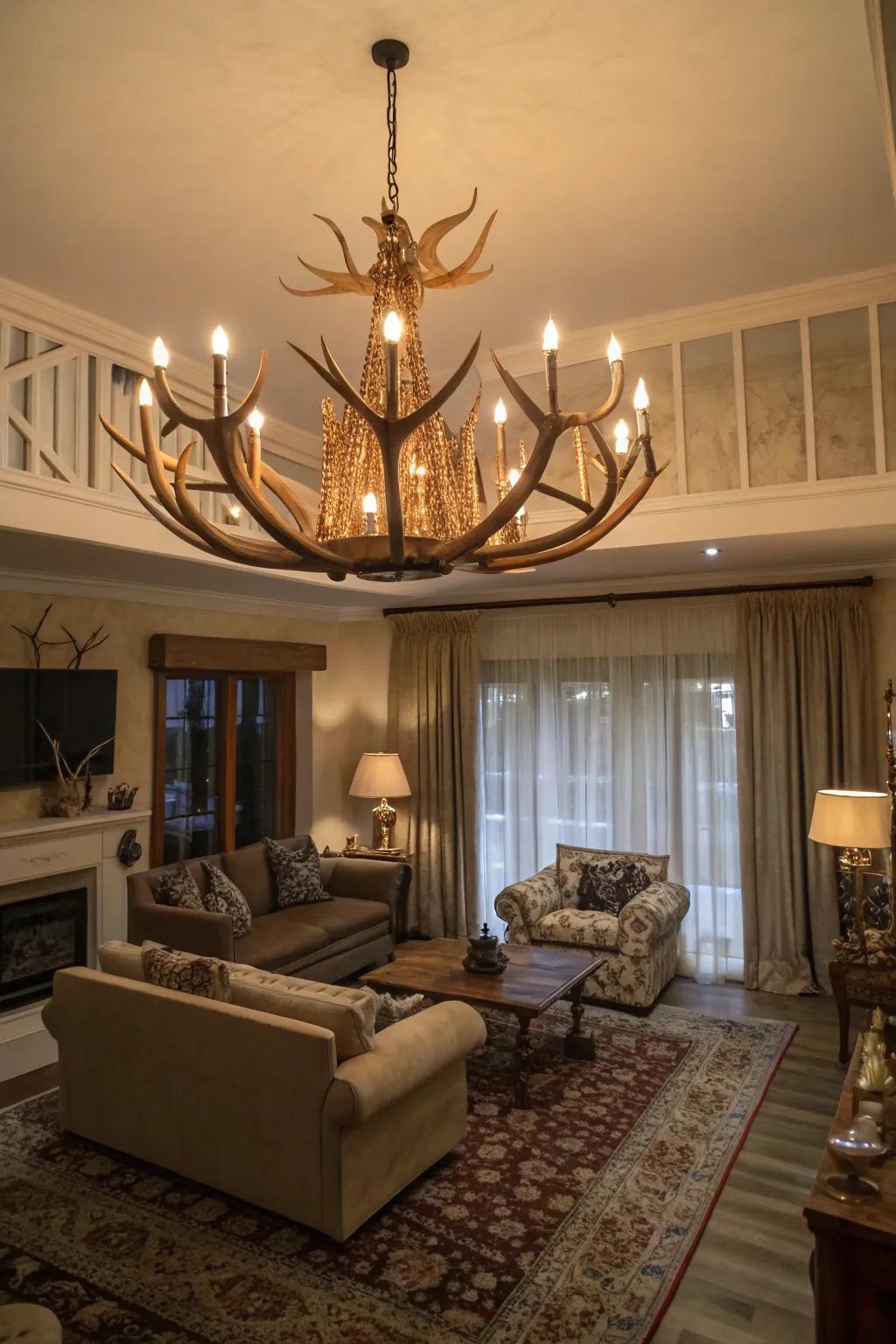A horn chandelier adds a dash of rustic elegance.