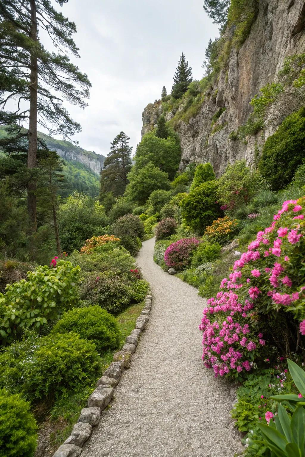 A winding gravel walkway invites exploration through the garden.