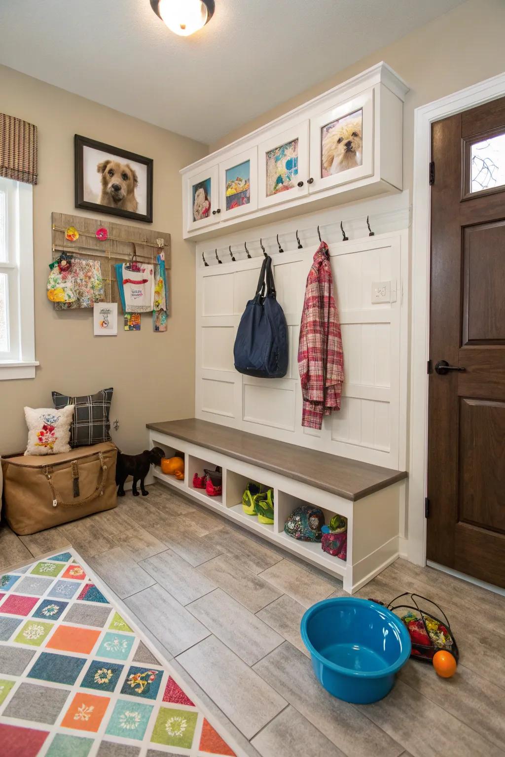 Laminate flooring provides a practical solution for busy family mudrooms.