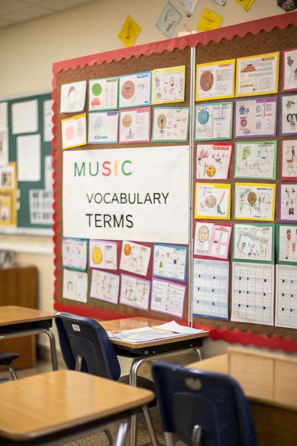 Educational display board with music terminology.