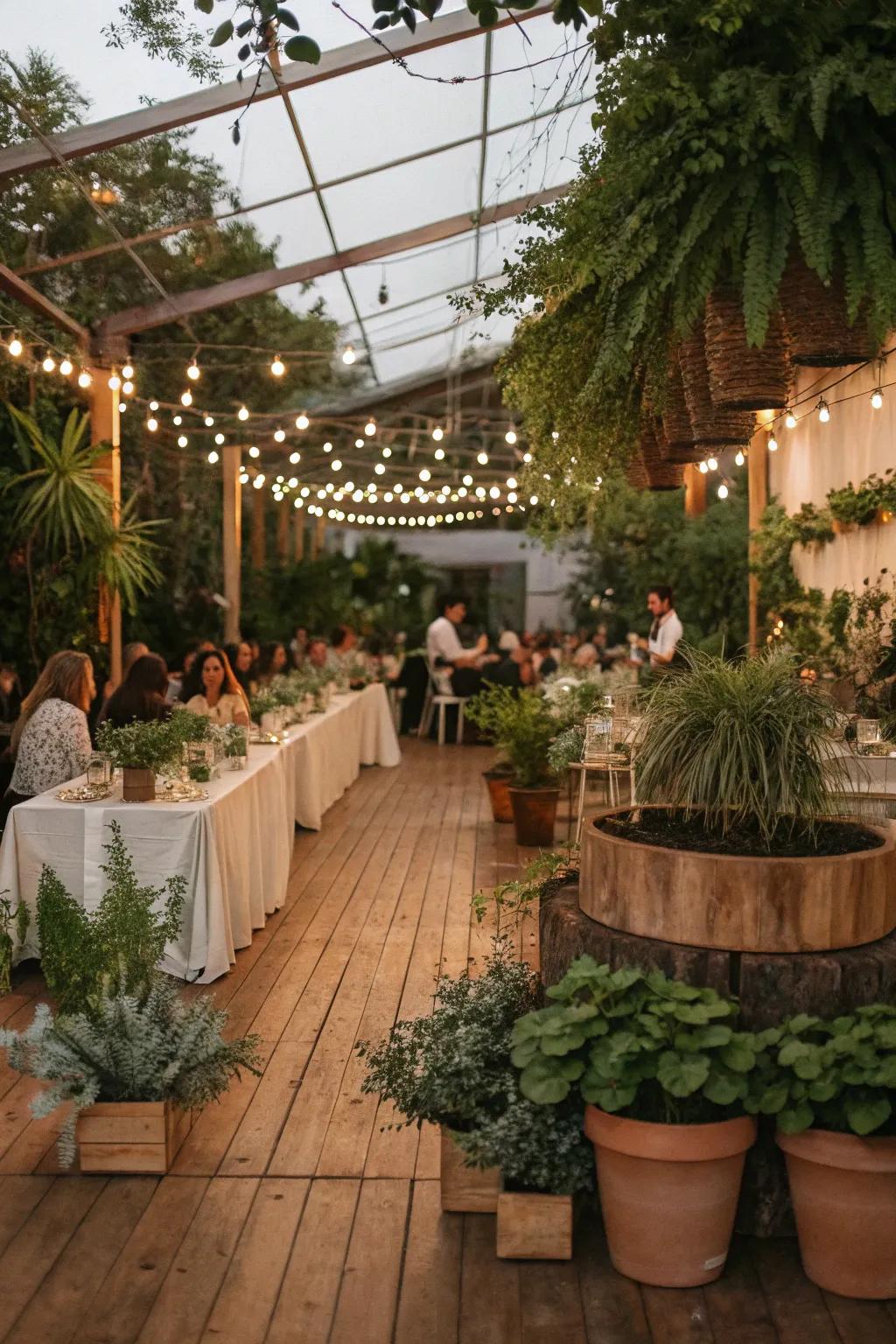 Eco-friendly decor with potted plants creates a trendy and modern setting.