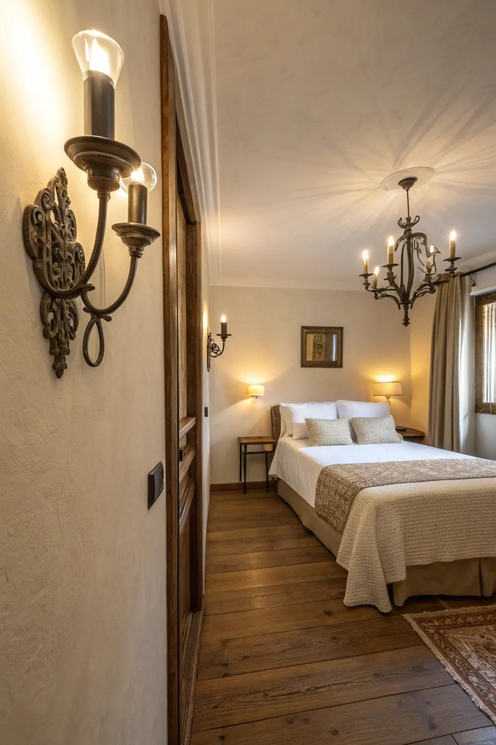 Wall lamps enhancing light while conserving floor space in a slender bedroom.