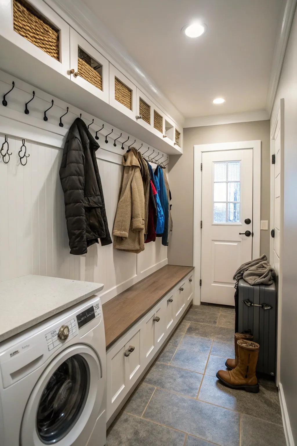 Adding mudroom features creates a space that serves multiple needs, not just laundry.