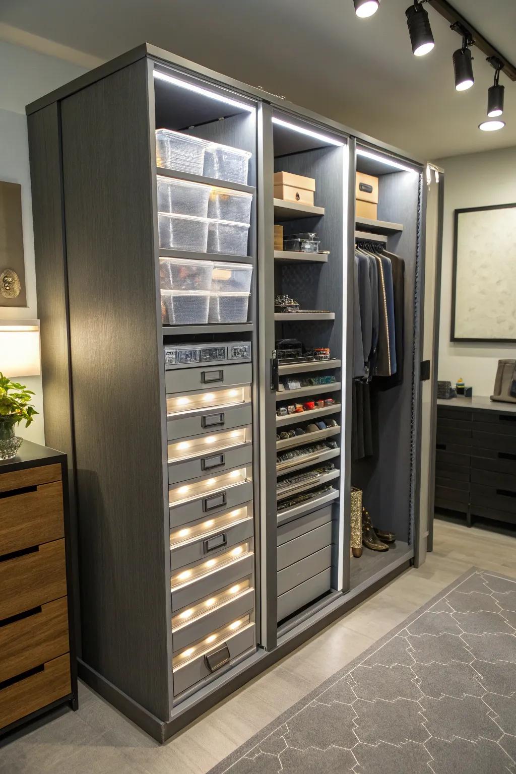 Adjustable storage solutions within a slim cabinet designed for adaptable organization.