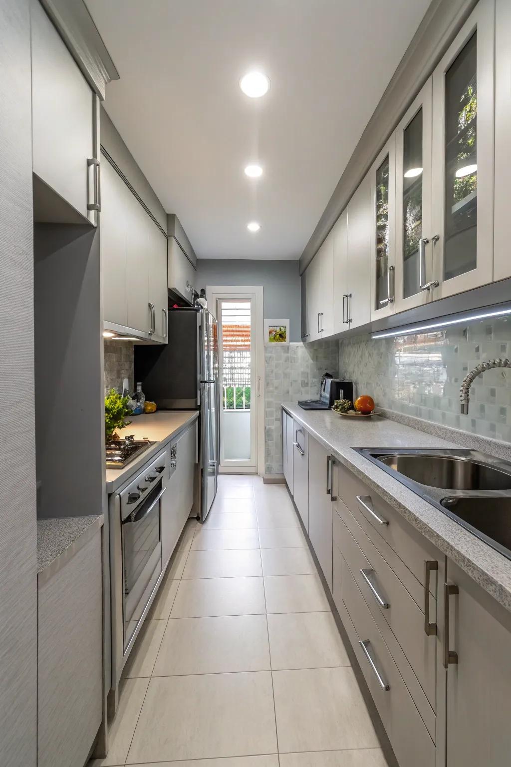 Galley layouts improve movement in small kitchens.