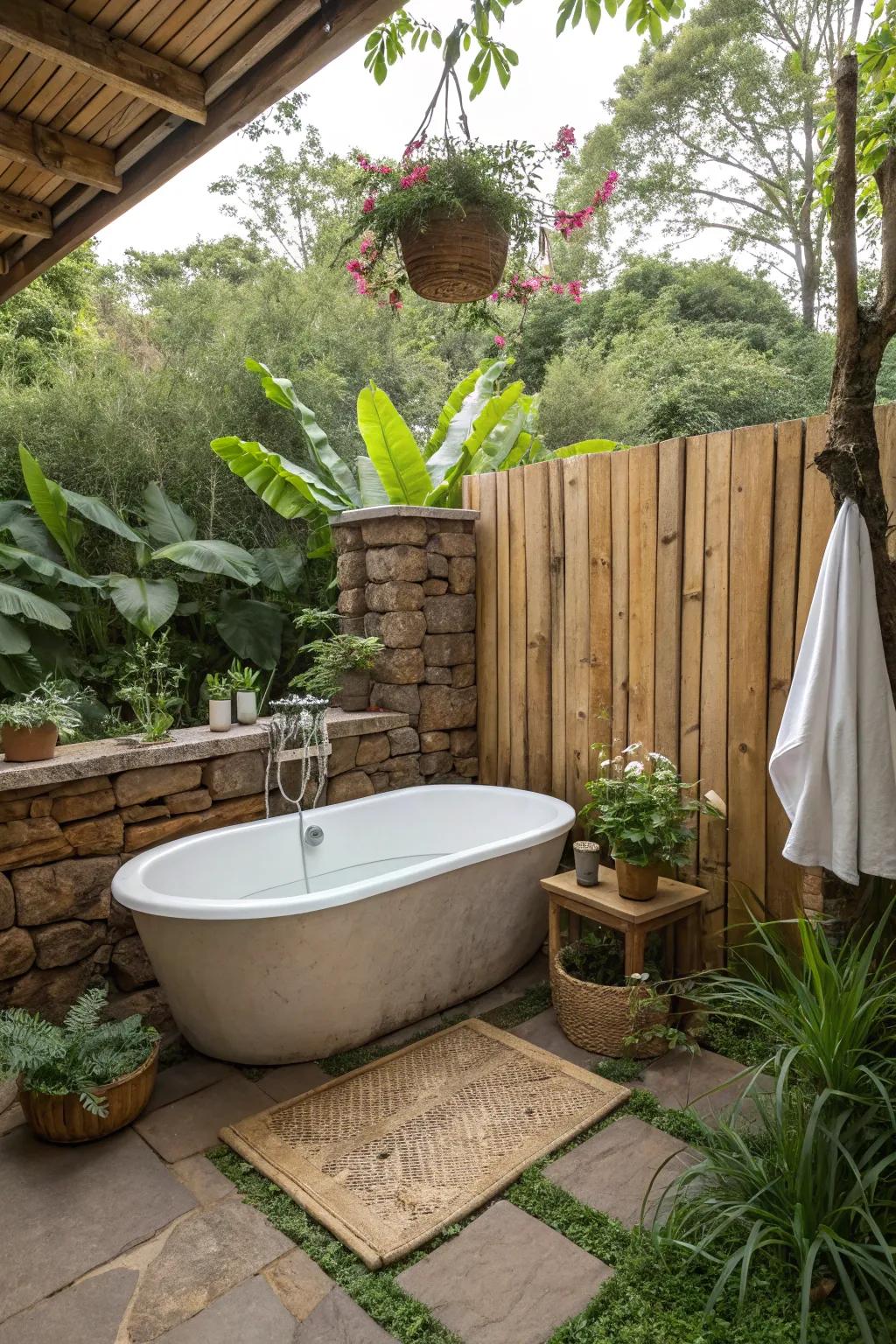 Design a rustic retreat with wooden details around your bath.