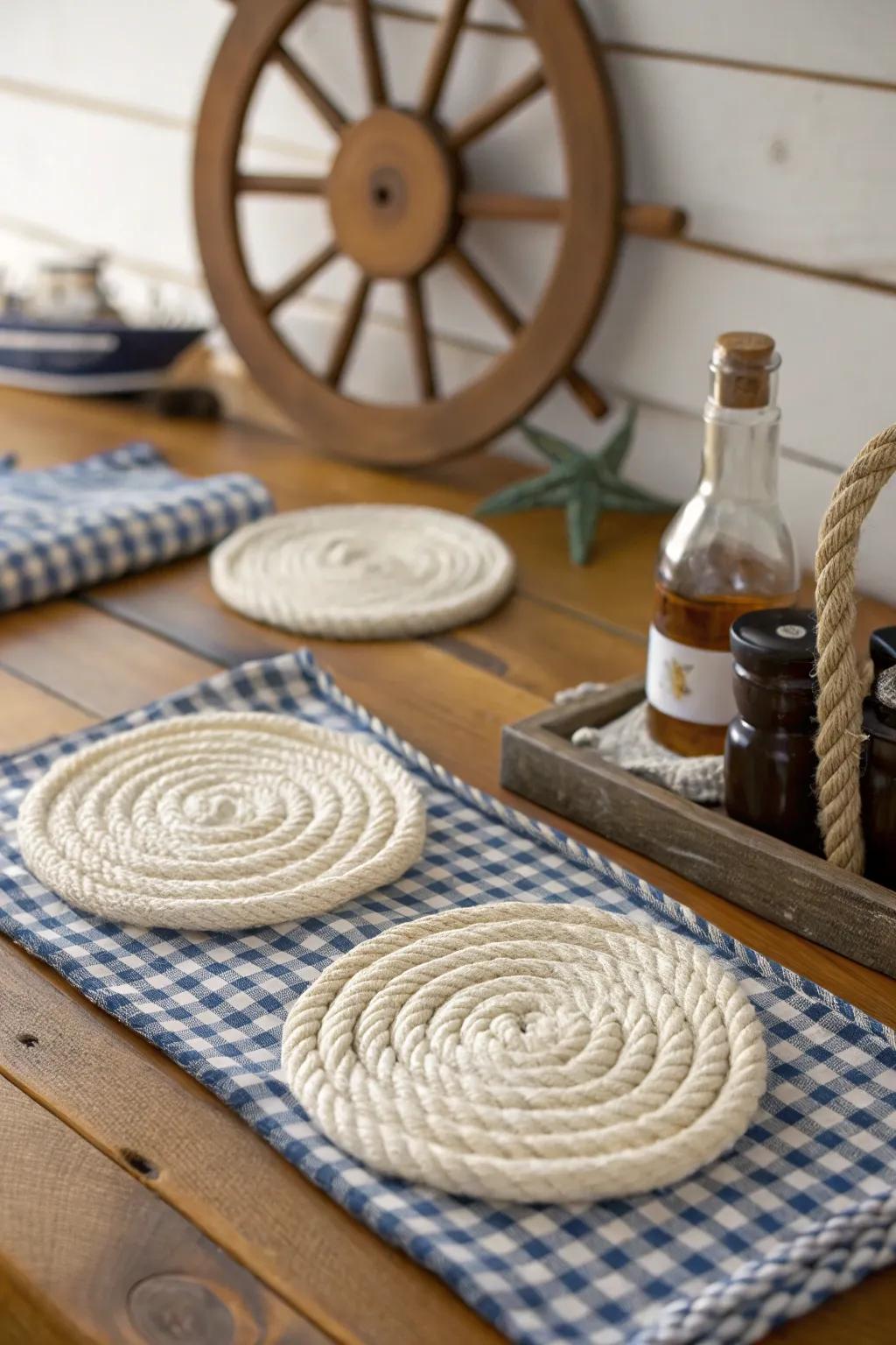 Cord coasters bring a rustic touch to nautical decor.