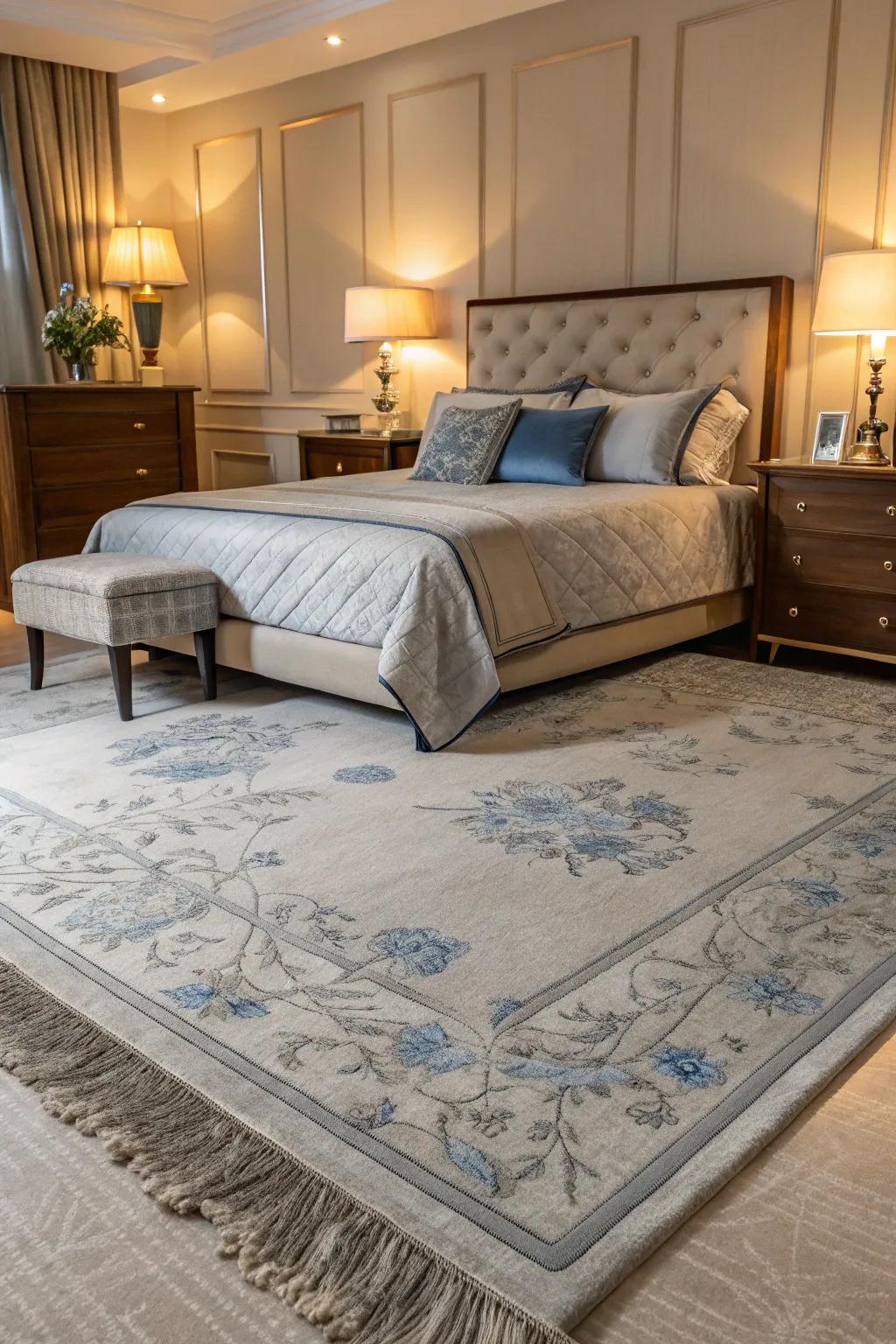 A grey rug featuring blue accents seamlessly ties together a stylish bedroom design.