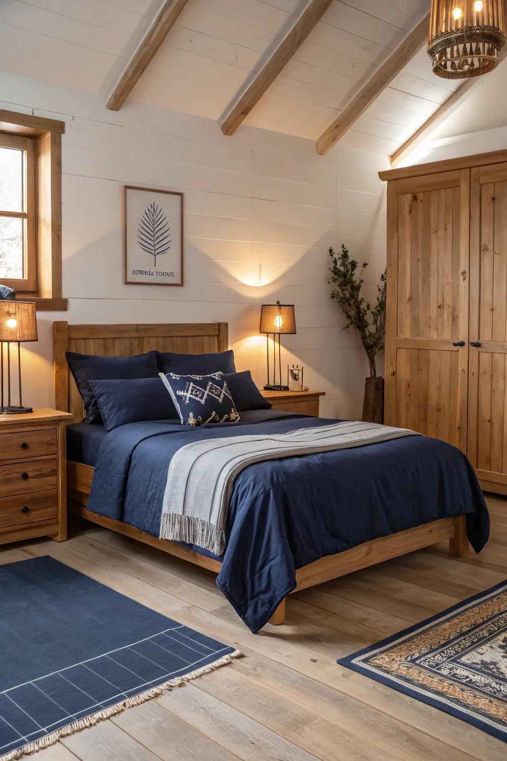 Create warmth by pairing dark blue with natural wood components.