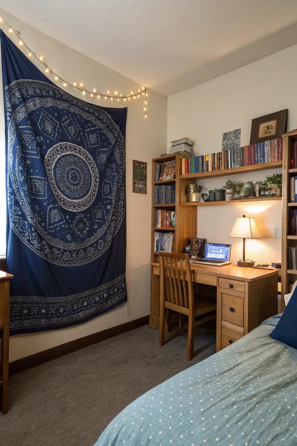 A boho tapestry gives texture and uniqueness to your dorm's decor.
